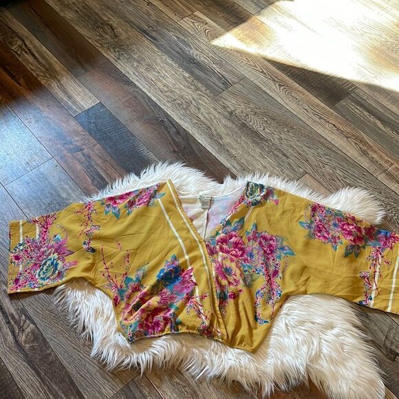Flying Tomato Tops - Flying Tomato Mustard Yellow Floral Crop Boho Top